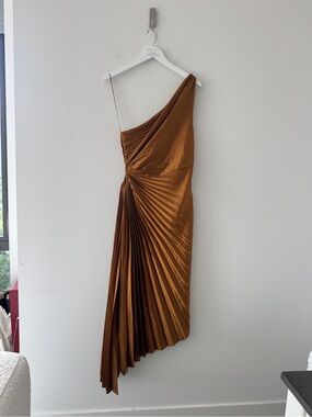 PETAL & PUP Kleo One Shoulder Midi Dress in Golden Ochre L